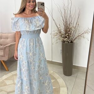 Elegant Off-Shoulder Blue Floral Dress